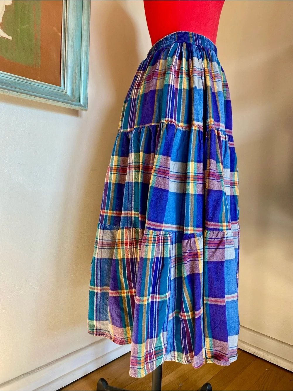 Blue Plaid Tiered Midi Skirt
